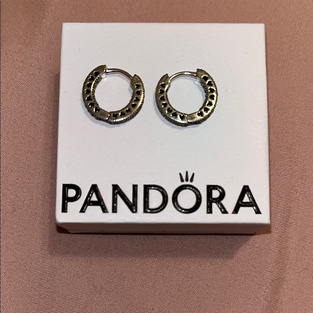 Pandora Pave Heart Hoop Earrings Silver